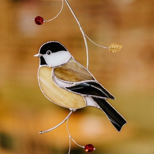 Chickadee bird Window hangings stained glass suncatcher Bird lover gift Home decor ornaments Gift for father Christmas gift image 8