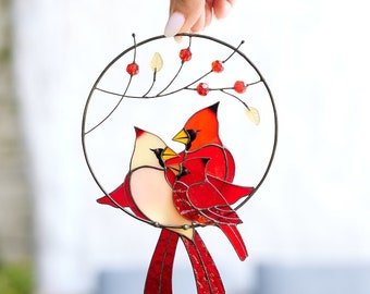 Red cardinals family suncatcher stained glass Bird suncatcher window hangings Gift for mom Red cardinal ornament Christmas gift