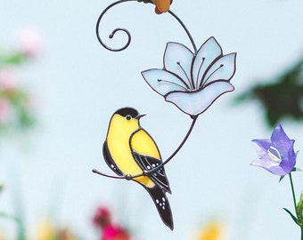 Suncatcher stained glass Goldfinch Window hanging stained glass flower Garden decor