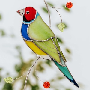 Atrapasol de pinzón de Gould, vitral, adorno colgante para ventana, regalo para papá, amante de las aves, decoración del hogar, regalo natural, decoración hecha a mano para el hogar
