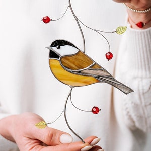Chickadee Stained Glass Suncatcher: Handcrafted Bird Window Hanging, Gift for Mom