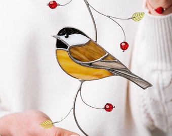 Chickadee Stained Glass Suncatcher: Handcrafted Bird Window Hanging, Gift for Mom