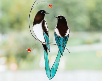 Window hanging suncatcher couple of Magpies Stained glass decoration Home decor glass bird Mother's Day gift