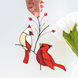 Pareja de Cardenales Rojos, vitrales decorativos para colgar en la ventana, atrapasol de pájaros en vitrales personalizados, regalo para el Día del Padre