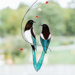 Window hanging suncatcher couple of Magpies Stained glass decoration Home decor glass bird Mother's Day gift