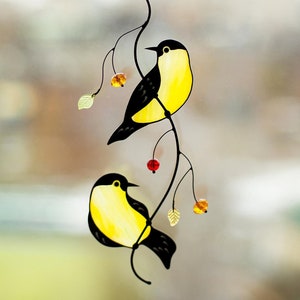 American Goldfinch Stained Glass Bird Suncatcher Two Birds on Branch Window Hanging Anniversary Gift Bird Lover Home Decor Gift for Dad
