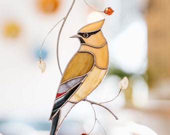 Stained glass suncatcher Cedar Waxwing on the branch Window hanging Cedar waxwings Bird lover gift Gift for mom