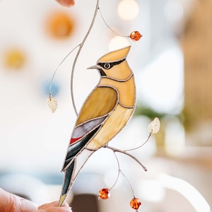 Stained glass suncatcher Cedar Waxwing on the branch Window hanging Cedar waxwings Bird lover gift Gift for mom