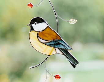 Oiseau mésange Tentures de fenêtre attrape-soleil en vitrail Cadeau pour amateur d'oiseaux Décoration d'intérieur Ornements Cadeau pour le père Noël