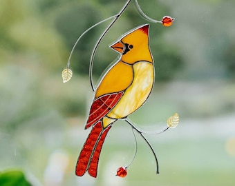 Suncatcher Female red cardinal stained glass window hanging Custom stained glass art Mother's Day gift