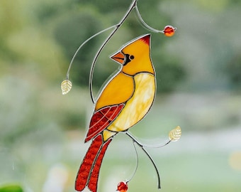 Stained Glass Female Red Cardinal Suncatcher Window Hanging Custom Stained Glass Art Gift for Dad Father&#39;s Day Window Decor