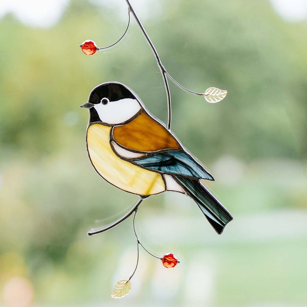 Oiseau mésange Tentures de fenêtre attrape-soleil en vitrail Cadeau pour amateur d'oiseaux Décoration d'intérieur Ornements Cadeau pour le père Noël