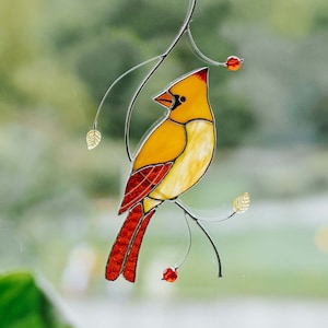 Suncatcher Female red cardinal stained glass window hanging Custom stained glass art Mother's Day gift