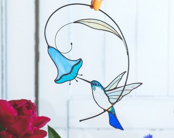 Hummingbird stained glass window hangings gift for mom Custom stained glass bird suncatcher Modern decor