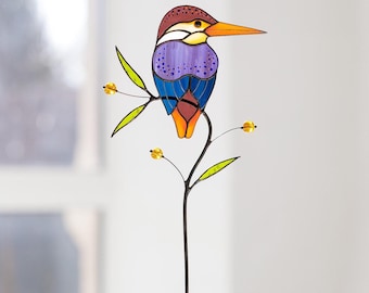 Kingfisher Real Stained Glass Bird Handmade Suncatcher Table Decor Gift for Mom Bird Lover