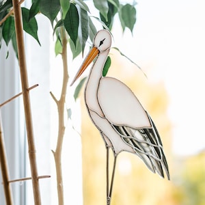 White Stork Stained glass suncatcher garden stake American Stork plant stake pot decor Christmas gift for mom