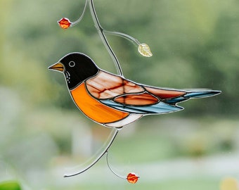 American robin suncatcher stained glass Window hanging bird art Gift for father for Christmas