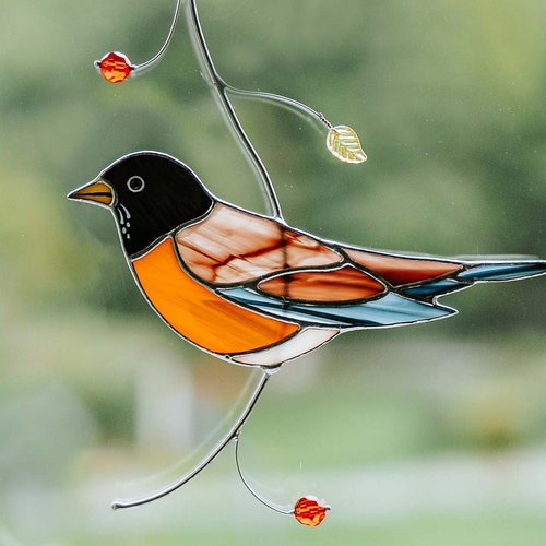 American Robin Suncatcher Stained Glass Window Hanging Bird Etsy