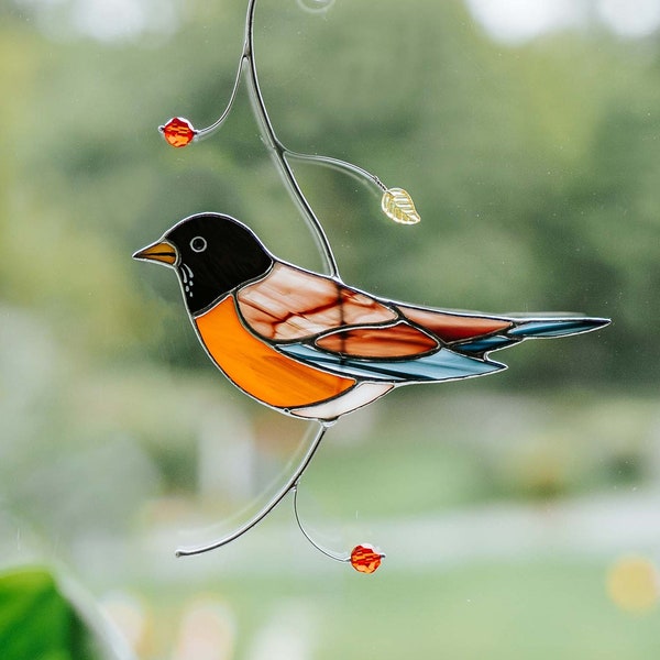 American robin suncatcher stained glass Window hanging bird art Gift for father for Christmas