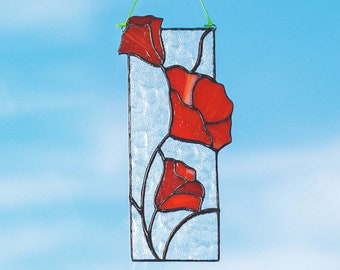 Red poppy stained glass suncatcher Modern stained glass panel window hanging gift for mom