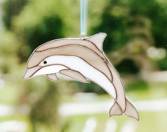 Dolphin suncatcher stained glass window hangings Gift for him Modern stained glass Beach house decor Christmas gift