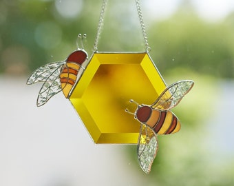 Stained glass bee with honeycomb suncatcher Window hanging honeybee Bee art gift for friend Farmhouse decorations