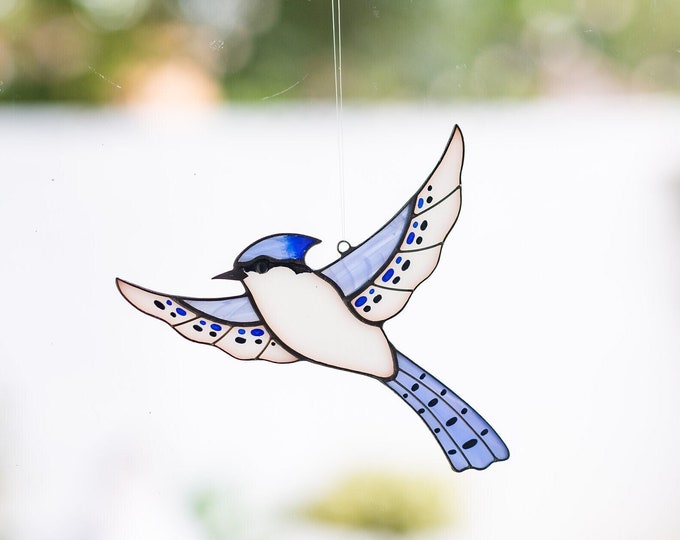 Blue Jay Suncatcher Stained Glass decor for Window - Indoor decorations - Bird lover gift - Glass art wall decor