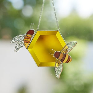 Stained glass bee with honeycomb suncatcher Window hanging honeybee Bee art gift for friend Farmhouse decorations