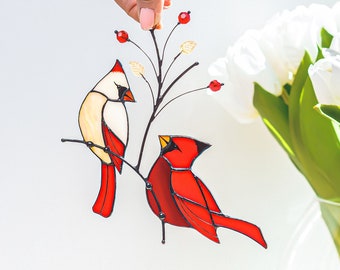 Couple of Red Cardinals stained glass decor Custom stained glass bird suncatcher gift for mom