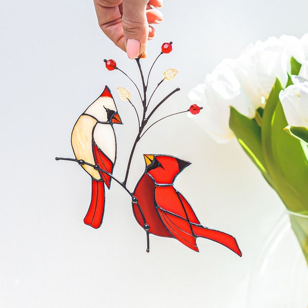 Couple of Red Cardinals stained glass decor Custom stained glass bird suncatcher gift for mom