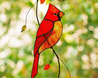 Suncatcher Red Cardinal stained glass window hanging home decor Gift for Mom