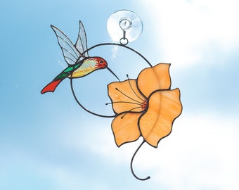 Kolibri Suncatcher mit Blume Buntglas Fenster hängen Wohnkultur