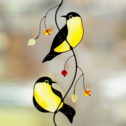 Two American Goldfinch Stained Glass Birds On Branch Etsy