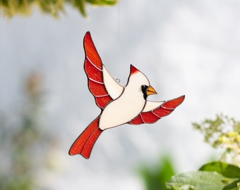 Handcrafted Stained Glass Female Red Cardinal Suncatcher - Window Decoration and Christmas Ornament