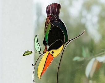 Stained glass Toucan bird on stone stand Home decor Bright bird sun catcher Modern art