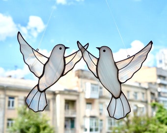 Suncatcher Couple of Doves/ Pigeons from stained glass window hanging wedding gift symbol of love