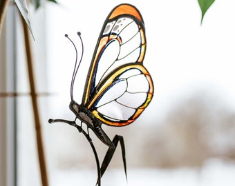 Stained glass suncatcher Glasswinged Butterfly Greta Oto garden stake Pot decor Gift for mom Mother's Day gift