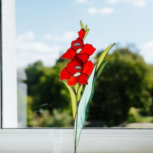 Echte Glasmalerei Gladiolenblume Handgemachte rote Blume Suncatcher Muttertagsgeschenk Tischdekoration