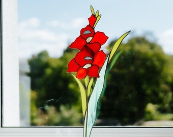 Atrapasueños de flores de gladiolo de vitral real hecho a mano con flores rojas, regalo para el Día de la Madre, decoración de mesa