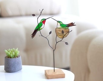 Hummingbird couple stained glass suncatcher table decor for living room Bird lover gift  Hummingbird gifts for women