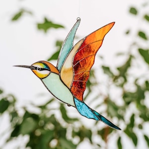 Suncatcher bird stained glass Bee-eater glass bird Collectable art decor Gift for Christmas