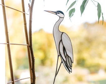 Grey Heron stained glass suncatcher Windowsill decor bird art Gift for grandmother Pot decorations