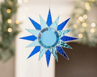 Stained glass suncatcher Beveled Star stained glass Moon decor Blue sun Rainbow maker Christmas gift