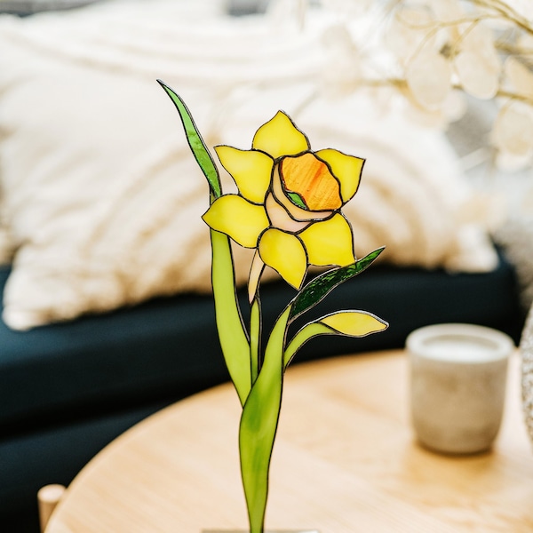Attrape-soleil en vitrail Fleur de narcisse Déco de table pour salle à manger Idée cadeau fête des Mères pour femme Cadeau d'anniversaire pour maman et sa fille