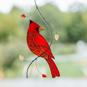 Red Cardinal stained glass window hangings Christmas bird lover gift Bird stained glass suncatcher Memorial gift Gift for Christmas