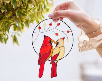 Red cardinal stained glass suncatcher for window Couple of red cardinal home decor Bird lover gift cardinal ornament Christmas gift