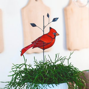 Red cardinal stained glass Flora support Plant stake Pot decor Gift for Christmas