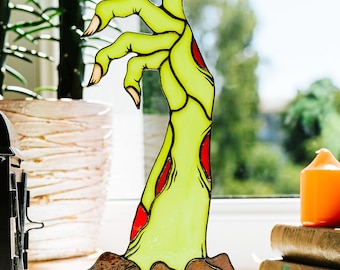 Stained Glass Zombie Hand Sculpture: Horror Halloween Desk Decor