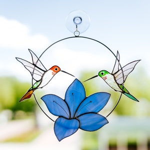 Suncatcher hummingbird window hangings Bird art modern decor Gift for women blue flower