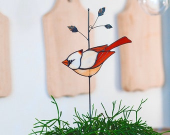 Female red cardinal stained glass decorative plant stake, Floral support cardinal window decor Christmas gift